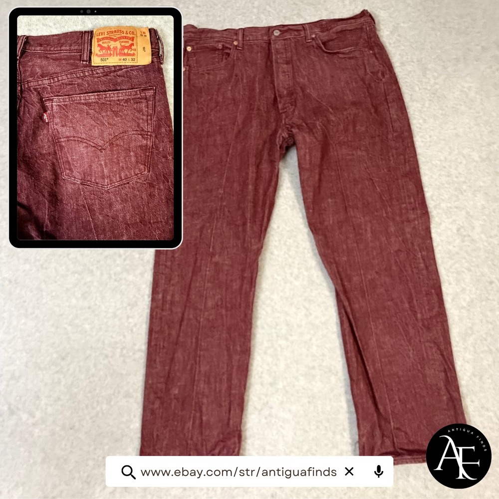 Levis 501 Original Fit White Oak Cone Denim Burgundy Red Jeans Mens 40x32